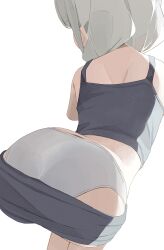 Rule 34 | 1girl, ass, bent over, black shirt, black shorts, clothes pull, from behind, grey hair, grey panties, hiroki (yyqw7151), long hair, looking to the side, original, panties, shirt, shorts, shorts pull, standing, tank top, underwear, white background