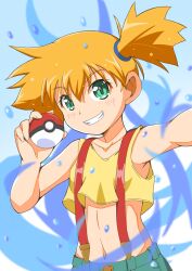 1girl asymmetrical_hair bare_shoulders blush breasts clenched_hand cowboy_shot crop_top denim denim_shorts gen_1_pokemon green_eyes grin gym_leader highres holding holding_poke_ball looking_at_viewer midriff misty_(pokemon) navel nintendo orange_hair poke_ball poke_ball_(basic) pokemon pokemon_(anime) pokemon_(classic_anime) ponytail shirt short_hair short_shorts shorts side_ponytail simple_background sleeveless sleeveless_shirt smile solo standing suspender_shorts suspenders tank_top teeth water yellow_shirt yoshimi_mizunoe