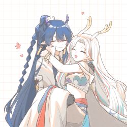 2girls :d =_= ^_^ a_deer_of_nine_colors animal_ears antlers aqua_hair arknights arm_around_neck bandeau blue_hair bracelet braid carrying carrying_person chinese_commentary closed_eyes closed_mouth coat collared_coat commentary_request deer_ears deer_girl dragon_girl dragon_horns earrings grid grid_background hand_on_another&#039;s_shoulder happy heart high_collar highres horns jewelry light_blush ling_(arknights) long_hair long_skirt multicolored_hair multiple_girls nine-colored_deer open_mouth pointy_ears princess_carry purple_horns red_hair shang_ge_promax skirt smile streaked_hair very_long_hair white_background white_bandeau white_coat white_hair white_skirt yuri