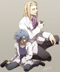 2boys age_difference ascot bad_id bad_pixiv_id black_boots black_pants black_shoes blonde_hair blue_eyes blue_hair blue_shirt boots bottle child coat dated even_(kingdom_hearts) full_body grey_background hair_over_one_eye height_difference holding holding_bottle ienzo kingdom_hearts kingdom_hearts_birth_by_sleep knee_boots lab_coat leaning_forward long_hair looking_down male_focus multiple_boys open_mouth pants purple_ascot shirt shoes sidelocks sitting squatting tore_(ksg666xxx) v-neck wariza white_coat