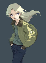 1girl belt black_belt blonde_hair blue_background blue_eyes commentary_request cowboy_shot denim floating_hair green_jacket green_shirt highres jacket jeans long_hair long_sleeves looking_back open_clothes open_jacket open_mouth original pants parted_bangs patch shiratama_(hockey) shirt shoulder_patch simple_background solo star_(symbol) teeth three_quarter_view upper_teeth_only walking