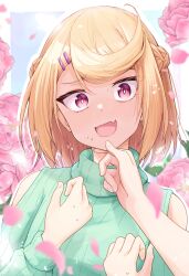 1boy 1girl :d absurdres blonde_hair blush braid clothing_cutout commentary crown_braid fang female_pov flower flustered grabbing_another&#039;s_chin green_sweater hair_ornament hairclip hand_on_another&#039;s_chin hands_on_own_chest highres keijirou_(mukunozaltusou) long_sleeves looking_at_viewer male_focus nose_blush open_mouth original outline petals pov red_eyes red_flower red_rose ribbed_sweater rose rose_petals short_hair shoulder_cutout skin_fang smile solo_focus sweat sweater trap turtleneck turtleneck_sweater upper_body white_outline