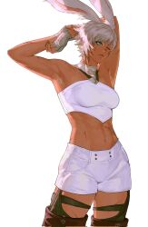 1girl animal_ears armpit_hair armpits arms_up bandaged_hand bandages braid colored_armpit_hair commentary_request cowboy_shot cropped_legs cropped_shirt dark-skinned_female dark_skin final_fantasy final_fantasy_xiv green_eyes hair_between_eyes hebi86070749 highres midriff mole mole_under_eye navel one_eye_closed rabbit_ears rabbit_girl scar scar_on_face scar_on_leg scar_on_stomach shirt short_hair shorts simple_background single_braid solo standing viera warrior_of_light_(ff14) white_background white_hair white_shirt white_shorts