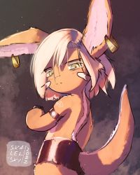 1other absurdres armband brown_fur dorsal_stripe earrings furry highres jewelry nanachi_(made_in_abyss) short_hair shorts skalel tail tattoo topless_other yellow_eyes
