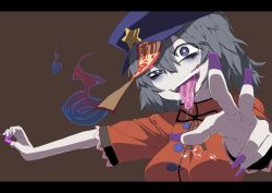 1girl bad_id bad_pixiv_id bags_under_eyes beret blue_eyes blue_hair breasts drooling female_focus fingernails foreshortening hat hitodama jiangshi letterboxed long_fingernails matching_hair/eyes miyako_yoshika ofuda outstretched_arms pale_skin rape_face saliva short_hair solo tongue tongue_out touhou upper_body yaza zombie_pose