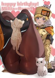 1girl :s ashiomi_masato ass ass_focus black_gloves blush boots brown_pantyhose cat collared_shirt eyebrows_hidden_by_hair fingerless_gloves gloves guilty_gear guilty_gear_strive hat heart heart-shaped_pupils high_collar huge_ass jacket leotard millia_rage panties pantyhose popped_collar see-through_clothes shirt swept_bangs symbol-shaped_pupils thick_thighs thighs underwear