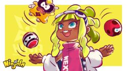 1boy 1girl alien aqua_eyes artistic_error blonde_hair blue_eyes blue_hairband blue_pupils blunt_bangs border chewing_gum clothes_down coat collared_shirt commentary_request copyright_name copyright_notice creature dreadlocks emma_(ninjala) eyelashes fur-trimmed_jacket fur_trim green_hair gumchi gungho hairband jacket juggling kinky_hair light_blush logo long_sidelocks looking_up mandarin_collar motion_lines multicolored_hair ninjala o-ring official_art open_mouth pink_shirt print_shirt puffy_short_sleeves puffy_sleeves purple_eyes rianti-wong sandals second-party_source shinai shirt short_sleeves shuriken sidelocks sleeveless sleeveless_shirt socks solo_focus streaked_hair sword tabi teeth text_print tongue two-sided_fabric two-sided_jacket two-tone_hair upper_body upper_teeth_only weapon white_border white_coat white_sleeve_cuffs white_sleeves white_socks yellow_background zouri