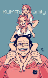 1boy 2girls ^_^ animal_ears bartholomew_kuma bear_ears black_hair blue_background blush child closed_eyes commentary_request dated family freckles ginny_(one_piece) glasses hatch_(8cco) jewelry_bonney long_sleeves multiple_girls on_shoulder one_piece open_mouth pink_hair pink_shirt shirt sidelocks signature t-shirt tank_top white_tank_top