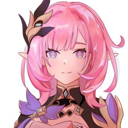 Rule 34 | 1girl, blue eyes, breasts, chinese commentary, commentary request, corset, elf, elysia (honkai impact), elysia (miss pink elf) (honkai impact), hair ornament, highres, honkai (series), honkai impact 3rd, huan455210, long hair, pink hair, pink pupils, pointy ears, shrug (clothing), simple background, smile, solo, upper body, white background, white corset
