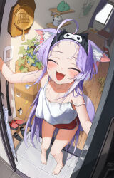 1girl :3 :d animal_ear_fluff animal_ears antenna_hair camisole collarbone commentary dolphin_shorts emma_0215 fang fox_ears fox_girl fox_tail highres indoors long_hair open_mouth purple_hair shorts smile stellive sweat tail tenko_shibuki umbrella very_long_hair virtual_youtuber wooden_floor