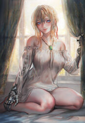 1girl aoin bare_legs bare_shoulders blonde_hair blue_eyes breasts brooch covered_navel curtains highres jewelry looking_at_viewer mechanical_hands medium_breasts necklace nightgown see-through_clothes sitting solo strapless thighs violet_evergarden violet_evergarden_(series) wariza white_nightgown window