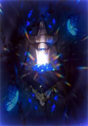 aegislash artist_name black_sclera blue_eyes blue_flower bright_pupils bug butterfly colored_sclera crack dark diffraction_spikes flower full_body gen_6_pokemon glowing half-closed_eyes holding holding_flower in_container insect looking_down nintendo no_humans one-eyed own_hands_together petals plant pokemon pokemon_(creature) rize_(r) signature solo straight-on twitter_username vines white_pupils