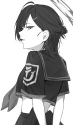 1girl alternate_hair_length alternate_hairstyle blue_archive breasts commentary_request cropped_shirt greyscale hair_ornament hairclip half_updo halo hoffun ichika_(blue_archive) looking_at_viewer looking_back medium_breasts monochrome neckerchief parted_lips pleated_skirt sailor_collar sailor_shirt shirt short_hair simple_background skirt solo standing white_background wings