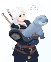 1girl absurdres animal armor belt black_belt black_pants braid braided_ponytail ciri deinerian english_text highres holding holding_animal long_hair lystrosaurus pants simple_background speech_bubble sword the_witcher_(series) the_witcher_4 weapon weapon_on_back white_background white_hair yellow_eyes