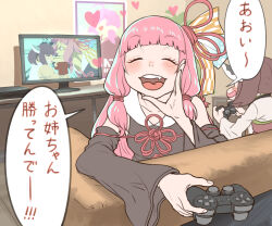 1koma 2girls black_dress blade blunt_bangs blush brown_hair calling closed_eyes comic commentary_request controller cosplay couch detached_sleeves dress facing_away facing_viewer fang fighting_game flower_knot game_console game_controller hair_ribbon hand_to_own_mouth headgear heart highres holding holding_controller holding_game_controller indoors japanese_clothes kimono kotonoha_akane mashima_jirou multiple_girls multiple_views obi open_mouth pink_hair playing_games poster_(object) red_ribbon ribbon ryu_(street_fighter) ryu_(street_fighter)_(cosplay) sash shouryuuken sleeveless sleeveless_dress smile smirk speech_bubble television touhoku_kiritan translation_request twintails upper_body uppercut vocaloid voiceroid white_kimono yuzuki_yukari
