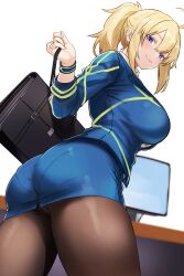 1girl absurdres ahoge artoria_pendragon_(fate) ass bamboo_tac blonde_hair blue_eyes blush breasts fate/grand_order fate_(series) hair_between_eyes highres large_breasts long_hair long_sleeves looking_at_viewer mysterious_heroine_x_(fate) mysterious_heroine_xx_(fate) office_lady pantyhose pantylines ponytail sidelocks smile solo thighs