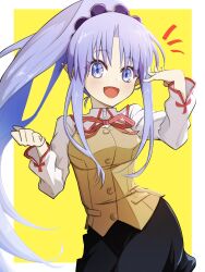 1girl :d alternate_costume black_skirt blue_eyes border commentary_request commission dress_shirt fate/grand_order fate_(series) grey_hair hair_between_eyes hair_ornament hamao_1 high_ponytail highres homurabara_academy_school_uniform long_hair long_sleeves medea_(fate) medea_lily_(fate) neck_ribbon open_mouth outside_border ponytail red_ribbon ribbon school_uniform second-party_source shirt sidelocks skeb_commission skirt smile solo very_long_hair vest white_border white_shirt yellow_background yellow_vest