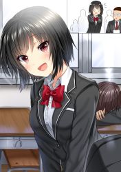 0_0 1girl 2boys :d aldehyde black_hair blazer bow bowtie brown_eyes coke-bottle_glasses commentary_request desk glasses highres imoko_(neeko&#039;s_sister) jacket looking_at_viewer multiple_boys necktie open_mouth original school_desk school_uniform short_hair sleeping smile v_arms