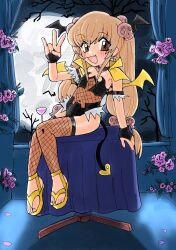 1girl 1her0 black_gloves black_leotard brown_eyes fang fingerless_gloves fishnet_pantyhose fishnets flower full_moon gloves hair_ornament highres kodomo_no_jikan kokonoe_rin leotard light_brown_hair long_hair moon pantyhose sandals skull_hair_ornament toeless_legwear twintails