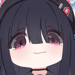 1girl absurdres beret black_choker black_hat blue_archive blunt_bangs blunt_ends chibi choker commentary_request eyes_visible_through_hair hair_over_eyes hat highres hime_cut justice_task_force_member_(blue_archive) kunjuan_shala looking_at_viewer meme mutsuki_face_(blue_archive) portrait red_eyes solo