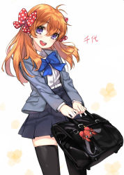 10s 1girl bad_id bad_pixiv_id bag black_thighhighs bow character_name charm_(object) crazyzoe gekkan_shoujo_nozaki-kun gen_1_pokemon hair_bow nintendo open_mouth orange_hair paras pokemon pokemon_(creature) polka_dot polka_dot_bow purple_eyes sakura_chiyo school_bag school_uniform smile thighhighs