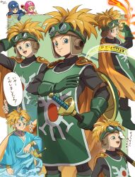 1girl 2boys aqua_eyes aqua_gemstone arm_shield black_bodysuit blonde_hair blue_eyes blue_gloves blue_hat blue_sash blue_tunic bodysuit boots border bracer bug butterfly butterfly_on_nose cape casting_spell choker commentary_request cousins covered_collarbone curly_hair dragon_quest dragon_quest_ii fire flowing_dress_(dq) forehead_protector gem gloves goggles goggles_on_head goggles_on_headwear gold_bracer green_background green_boots green_gloves green_tabard hat holding holding_sheath holding_sword holding_weapon insect janis_(hainegom) liquid_dress long_hair looking_at_viewer magic male_focus multiple_boys multiple_persona multiple_views official_alternate_costume open_mouth orange_cape orange_hair pink_eyes pink_hood prince_of_lorasia prince_of_samantoria princess_of_moonbrook pyrokinesis roto&#039;s_emblem sash sheath short_hair silver_choker smile solo_focus speech_bubble spiked_hair sword tabard translation_request tunic weapon white_border