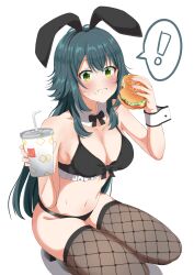 ! 1girl absurdres animal_ears bikini black_bikini blush breasts burger cleavage cup detached_collar disposable_cup drinking_straw eating fake_animal_ears fast_food fishnet_thighhighs fishnets food gakuen_idolmaster green_eyes green_hair haruki_(haruki678) highres holding holding_burger holding_food idolmaster large_breasts leotard long_hair looking_at_viewer navel playboy_bunny rabbit_ears simple_background solo speech_bubble spoken_exclamation_mark squatting stomach swimsuit thighhighs tsukimura_temari wcdonald&#039;s white_background wrist_cuffs