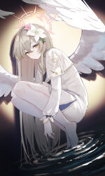 1girl absurdres bare_legs barefoot black_neckerchief blonde_hair blue_archive blush capelet closed_mouth crossed_bangs dress feathered_wings flower hair_between_eyes highres long_hair looking_at_viewer nagisa_(blue_archive) neckerchief pink_flower reiami sidelocks solo squatting white_capelet white_dress white_flower wings yellow_eyes