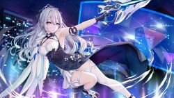 1girl absurdres armpits breasts bronya_zaychik bronya_zaychik_(silverwing:_n-ex) building chinese_commentary cleavage commentary_request dress grey_eyes grey_hair high_heels highres holding holding_weapon holographic_interface honkai_(series) honkai_impact_3rd large_breasts long_hair night night_sky outdoors single_thighhigh sky skyscraper solo star_(sky) starry_sky thighhighs weapon white_dress white_thighhighs yutian_alice