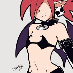 Rule 34 | 1girl, animated, animated gif, artist name, bare shoulders, black gloves, black skirt, breast expansion, breasts, choker, closed mouth, demon girl, demon wings, disgaea, earrings, elbow gloves, etna (disgaea), gloves, grey background, highres, jewelry, large breasts, makai senki disgaea, medium breasts, miniskirt, navel, nipple slip, nipples, pointy ears, red hair, revealing clothes, simple background, skirt, skull earrings, small breasts, smile, smug, solo, strapless, tube top, twintails, upper body, wardrobe malfunction, wings, zedrin