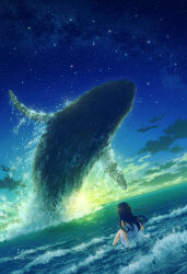 1girl absurdres arm_support au_ito black_hair cloud commentary_request dress dusk dutch_angle floating_hair from_behind highres humpback_whale long_hair milky_way nature night night_sky ocean original outdoors scenery sitting sky sleeveless sleeveless_dress solo star_(sky) starry_sky straight_hair water watermark waves whale white_dress wide_shot