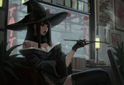 1girl arm_under_breasts black_dress black_gloves black_hair black_lips black_thighhighs breasts cleavage commentary detached_collar dress english_commentary from_side gloves hair_ornament hat highres holding holding_smoking_pipe light_particles long_hair looking_at_object makeup mascara medium_breasts neo_(neorarty3) off-shoulder_dress off_shoulder on_chair original red_eyes shoulder_tattoo sitting smoke smoking_pipe solo straight_hair tattoo thighhighs thighs witch_hat x_hair_ornament