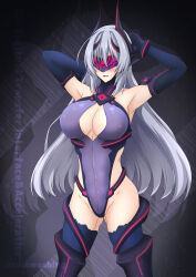 1girl absurdres aoi_tabane armpits arms_behind_head arms_up bare_shoulders blush boots breasts cleavage cleavage_cutout clothing_cutout corruption covered_eyes covered_navel dark_persona elbow_gloves gloves gluteal_fold grey_hair headgear highleg highleg_leotard highres horns katsuragi_marina kouyoku_senki_exs-tia large_breasts leotard long_hair mask mind_control mind_controlled_exs-tia open_mouth purple_leotard smile solo standing thigh_boots thighhighs