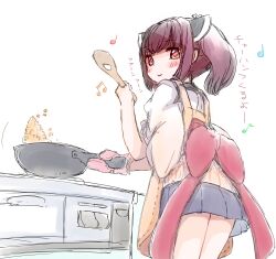 1girl :&gt; absurdres apron back_bow black_hair black_skirt blush_stickers bow commentary_request cooking cowboy_shot food fried_rice from_behind from_below frying_pan hand_up highres holding holding_frying_pan holding_spatula japanese_clothes kimono kitchen knife_hair_ornament legs_together looking_at_viewer looking_back looking_down musical_note oven_mitts pleated_skirt red_bow red_eyes sakurai_akira short_twintails simple_background sketch skirt sleeves_rolled_up solo spatula spoken_musical_note standing stove thighs touhoku_kiritan translation_request turning_head twintails voiceroid white_background yellow_apron
