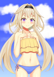1girl absurdres aura_yagg bikini black_hairband blonde_hair blue_bikini blue_sky blush closed_mouth cloud commentary_request cowboy_shot flat_chest frilled_bikini frills hair_intakes hairband hands_on_own_chest highres ieiri_popo looking_at_viewer mismatched_bikini multicolored_hair nanashi_inc. navel paid_reward_available pink_nails purple_eyes shiny_skin short_hair_with_long_locks sidelocks sky smile solo streaked_hair swimsuit virtual_youtuber yellow_bikini