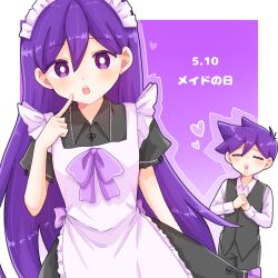 1boy 1girl :d :o ^_^ alternate_costume antenna_hair apron arm_behind_back aroused_nosebleed back_bow black_dress black_pants black_ribbon black_vest border bow bow_apron bright_pupils closed_eyes collared_dress collared_shirt commentary_request cowboy_shot dated double-parted_bangs dress dress_ribbon enmaided finger_to_cheek frilled_apron frilled_dress frills hair_behind_ear hair_between_eyes headdress heart hero_(headspace)_(omori) hero_(omori) hetero highres index_finger_raised long_hair long_sleeves maid maid_apron maid_headdress mari_(headspace)_(omori) mari_(omori) neck_ribbon omori open_mouth outside_border own_hands_together pants puffy_short_sleeves puffy_sleeves purple_background purple_bow purple_eyes purple_hair purple_theme ribbon ryo_pen17 shirt short_dress short_hair short_sleeves simple_background smile solo_focus standing straight-on straight_hair teeth tongue translation_request upper_teeth_only very_long_hair very_short_hair vest white_apron white_border white_headdress white_pupils white_shirt