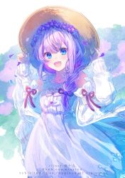 1girl :d amesame_azusa bare_shoulders blue_eyes blush brown_hat collarbone commentary_request commission dress flower frilled_dress frills hair_between_eyes hair_flower hair_ornament hands_on_headwear hands_up hat indie_virtual_youtuber ittokyu jacket long_sleeves looking_at_viewer open_clothes open_jacket open_mouth petals puffy_long_sleeves puffy_sleeves purple_dress purple_flower purple_hair sleeves_past_wrists smile solo virtual_youtuber watermark white_jacket