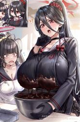 2girls antenna_hair apron black_apron black_hair black_wings blue_archive bowl breasts chocolate chocolate_making choker hair_between_eyes halo hasumi_(blue_archive) highres huge_breasts long_hair mixing_bowl mole mole_under_eye multiple_girls red_eyes red_halo school_uniform tsurugi_(blue_archive) valentine very_long_hair white_apron wings yayoi_maka