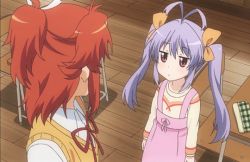 2girls animated animated_gif anime_screenshot antenna_hair chair desk hair_ribbon indoors koshigaya_natsumi leaning_to_the_side miyauchi_renge multiple_girls non_non_biyori o3o purple_hair red_eyes red_hair ribbon school_chair school_desk school_uniform shrugging twintails wooden_floor