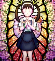 backpack bag black_outline blouse blue_sky brown_hair closed_eyes closed_mouth collared_shirt commentary dress_shirt feet_out_of_frame green_ribbon hachikuji_mayoi hair_ribbon hairband highres long_hair monogatari_(series) neck_ribbon outline own_hands_clasped own_hands_together pink_bag praying puffy_short_sleeves puffy_sleeves red_ribbon ribbon ricman_rt shirt short_sleeves skirt sky smile spiral stained_glass standing straight-on stuffed_animal stuffed_toy suspender_skirt suspenders teddy_bear thick_outlines twintails w_arms white_hairband white_shirt
