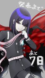 1boy 1girl brother_and_sister grabbing_another&#039;s_hair grey_background highres japanese_text last_defense_academy_school_uniform long_sleeves pink_eyes purple_hair siblings simple_background the_hundred_line_-last_defense_academy- tsukumo_ima twins
