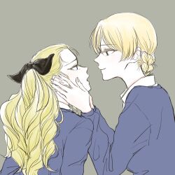 2girls anmitsu_sd assam_(girls_und_panzer) blonde_hair blue_sweater braid collared_shirt darjeeling_(girls_und_panzer) from_behind girls_und_panzer hands_on_another&#039;s_face highres imminent_kiss long_hair multiple_girls open_mouth school_uniform shirt smile st._gloriana&#039;s_school_uniform sweater upper_body white_shirt yuri