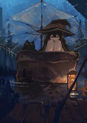 Rule 34 | 1girl, 1other, absurdres, bandages, black cape, black cat, cape, cat, chomusuke, dress, hat, head on knees, highres, kono subarashii sekai ni shukufuku wo!, koukouya, lamp, looking down, looking up, megumin, night, night sky, outdoors, pet, rain, red dress, sad, short hair with long locks, sitting, sky, staff, umbrella, under umbrella, water drop, witch hat