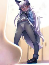 1girl animal_ear_fluff animal_ears black_gloves black_pantyhose black_shoes blue_shirt blurry blurry_background bow bow_panties character_request clothes_lift female_focus from_below gloves grey_skirt highres indoors kemono_friends lifting_own_clothes long_hair long_sleeves navel panties pantyhose parted_lips pleated_skirt public_restroom shirt shoes sidelocks skirt skirt_lift solo soon_(c-u-soon) standing tail tearing_up teeth thighs underwear urinal variant_set very_long_hair white_hair white_panties wolf_ears wolf_girl wolf_tail yellow_eyes