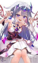 1girl :d bare_shoulders black_corset bracelet center-flap_bangs chest_jewel circlet claw_pose colored_inner_hair corset detached_collar detached_sleeves detached_wings double-parted_bangs dress gem gradient_hair grey_hair hair_flaps hand_jewel hands_up highres hololive hololive_english jewel_under_eye jewelry kito_koruta knees_together_feet_apart koseki_bijou koseki_bijou_(1st_costume) long_hair looking_at_viewer metal_wings multicolored_hair open_mouth pink_hair pleated_dress purple_eyes purple_gemstone sidelocks simple_background single_detached_sleeve sitting smile solo strapless strapless_dress underbust v-shaped_eyebrows very_long_hair virtual_youtuber white_background white_dress white_sleeves wings