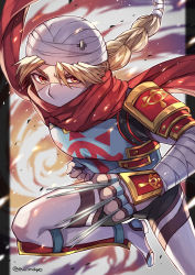 1girl alternate_color bandaged_arm bandages between_fingers blonde_hair braid highres holding leg_up long_hair mask mouth_mask needle nintendo red_eyes red_scarf reverse_trap scarf sheik shina_shina single_braid solo super_smash_bros. the_legend_of_zelda the_legend_of_zelda:_ocarina_of_time turban twitter_username v-shaped_eyebrows white_headwear white_mask