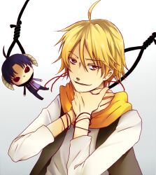 1boy 69373510 ahoge alicein_mikuni alicein_misono blonde_hair braid character_doll doll grey_background highres male_focus orange_eyes scarf servamp short_hair side_braid strangling suicide yellow_scarf