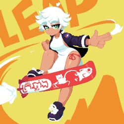 1girl ahoge black_footwear bow breasts clenched_hand covered_navel dress english_text finger_gun fingerprint green_eyes hoverboard looking_at_viewer medium_breasts minimilieu original pixel_art shoelaces short_hair solo thick_eyebrows two-tone_background white_dress white_hair yellow_background