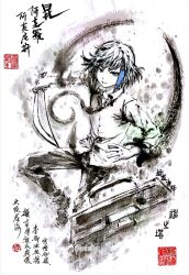 Rule 34 | 1boy, briefcase, calligraphy, chinese text, fighting stance, holding, holding briefcase, holding knife, ink wash painting, jidao huashi, khun aguero agnis, knife, looking at viewer, male focus, monochrome, necktie, partially colored, seal impression, seal script, shirt, solo, tissue, tower of god, traditional media, weapon, white shirt