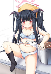 1girl absurdres apron bad_id bad_twitter_id bare_arms bare_shoulders black_hair black_socks blue_archive blue_bra blue_panties bow bow_bra bow_panties bra breasts closed_mouth collarbone commentary_request food frilled_apron frills fuuka_(blue_archive) halo headscarf highres horns knee_up long_hair looking_at_viewer matching_underwear nearly_naked_apron no_shoes panties pot red_eyes sakuraba_hikaru_(loveindog) small_breasts socks solo twintails underwear very_long_hair wavy_mouth white_apron white_background yellow_headscarf